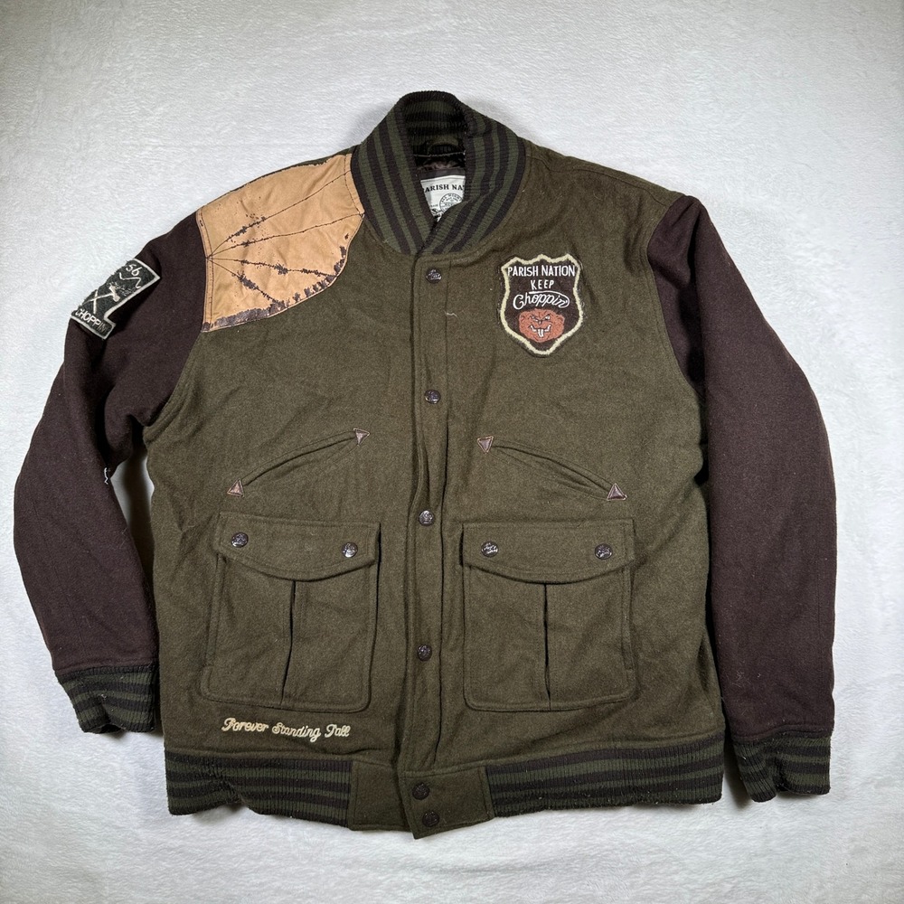 Parish Nation Keep‎ Choppin Varsity Jacket 3X Large Olive Brown Patches Mens